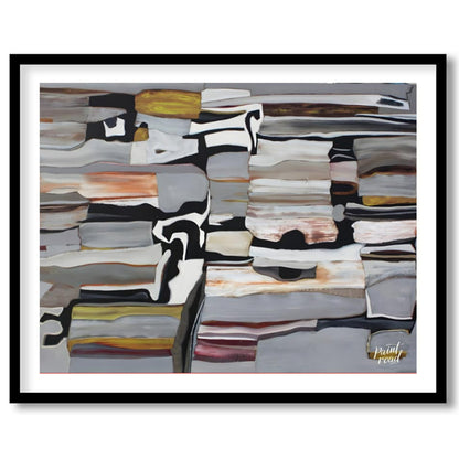 """Stratified Abstraction"" presents a complex abstract composition with a focus on layered forms a… for area