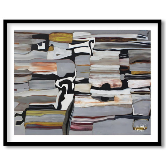 """Stratified Abstraction"" presents a complex abstract composition with a focus on layered forms a… for area