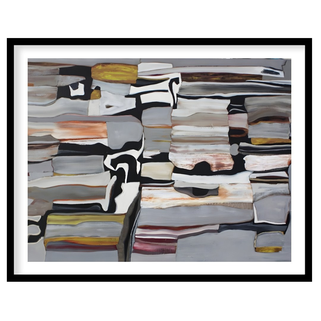 """Stratified Abstraction"" presents a complex abstract composition with a focus on layered forms a… for area