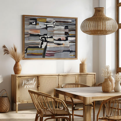 """Stratified Abstraction"" presents a complex abstract composition with a focus on layered forms a… for dining room