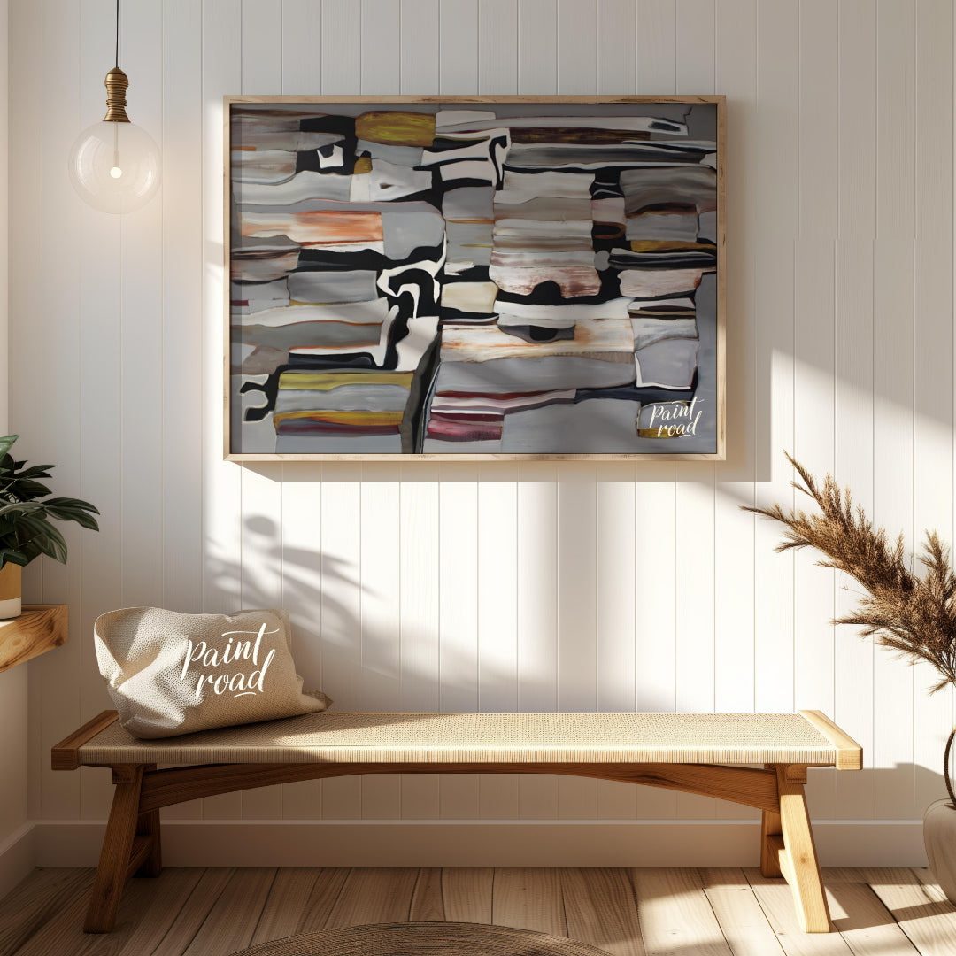 """Stratified Abstraction"" presents a complex abstract composition with a focus on layered forms a… for entryway