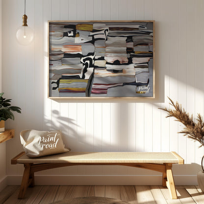 """Stratified Abstraction"" presents a complex abstract composition with a focus on layered forms a… for entryway