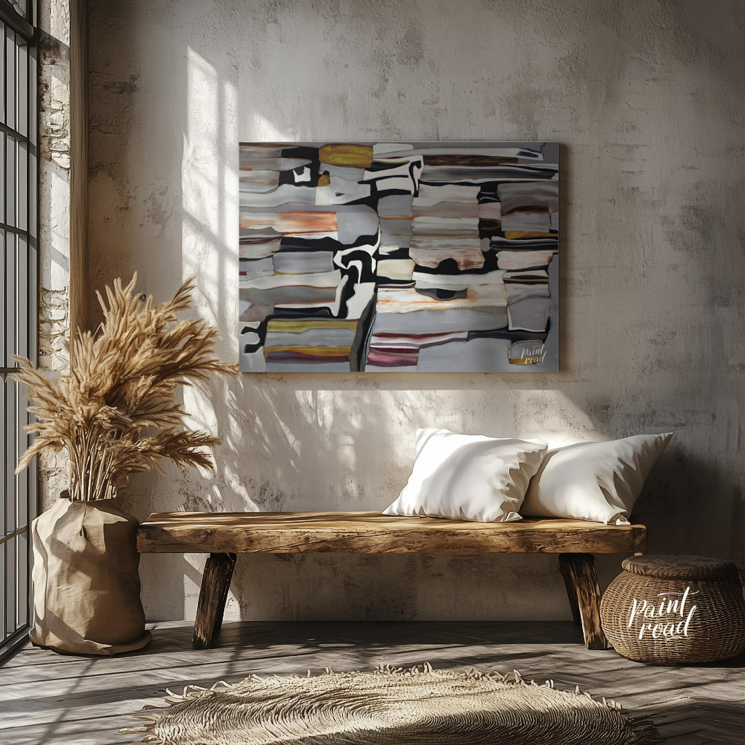 """Stratified Abstraction"" presents a complex abstract composition with a focus on layered forms a… for entryway
