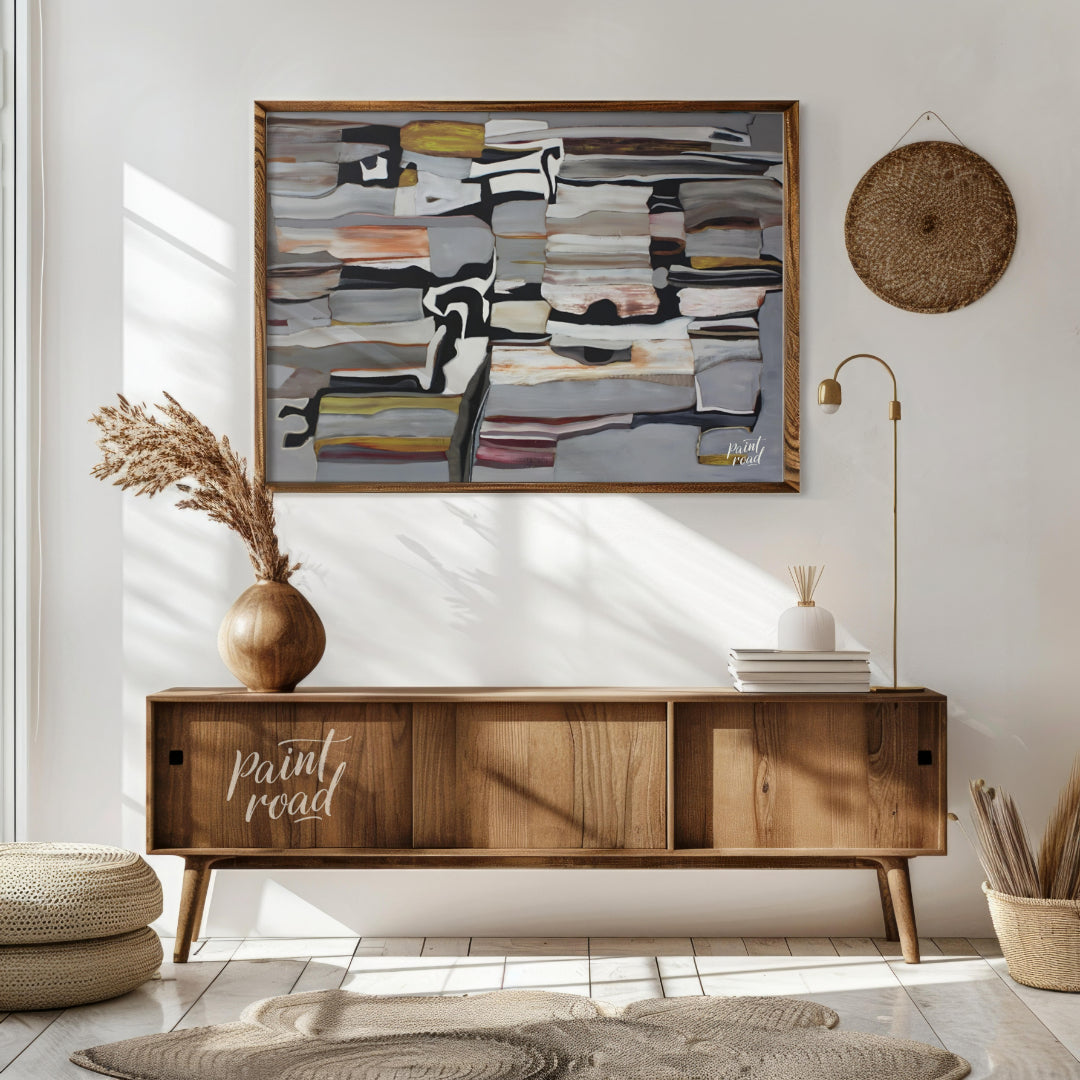 """Stratified Abstraction"" presents a complex abstract composition with a focus on layered forms a… for living room