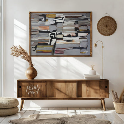 """Stratified Abstraction"" presents a complex abstract composition with a focus on layered forms a… for living room