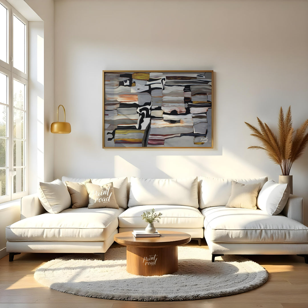 """Stratified Abstraction"" presents a complex abstract composition with a focus on layered forms a… for living room