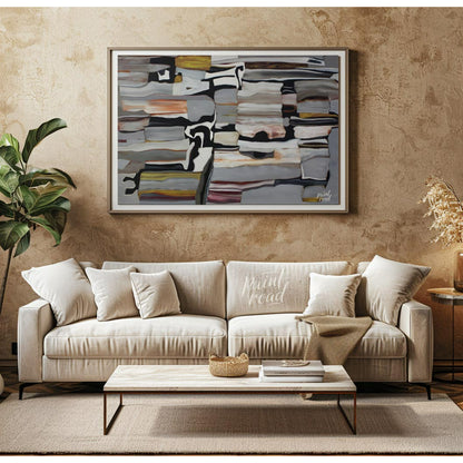 """Stratified Abstraction"" presents a complex abstract composition with a focus on layered forms a… for living room