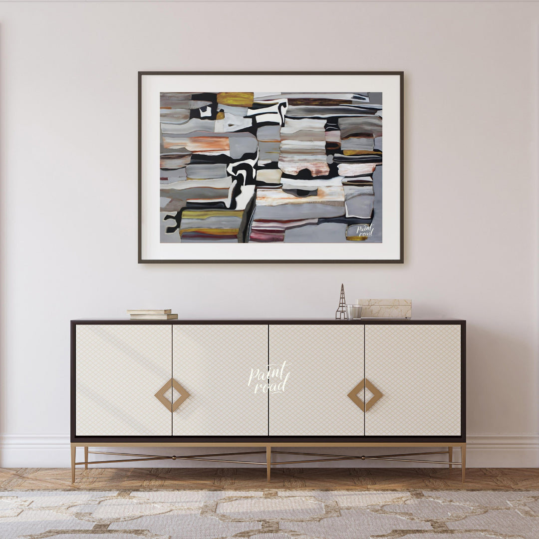 """Stratified Abstraction"" presents a complex abstract composition with a focus on layered forms a… for living room