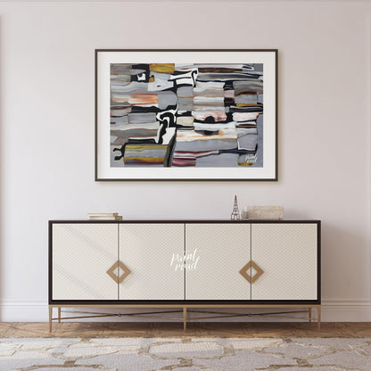 """Stratified Abstraction"" presents a complex abstract composition with a focus on layered forms a… for living room