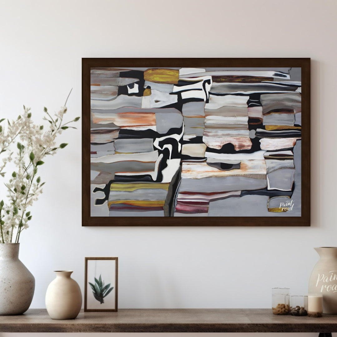 """Stratified Abstraction"" presents a complex abstract composition with a focus on layered forms a… for living room