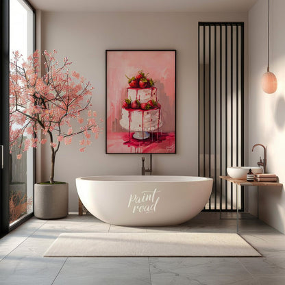 This vibrant digital painting features a two-tiered strawberry cake, its white frosting adorned wit… for bathroom