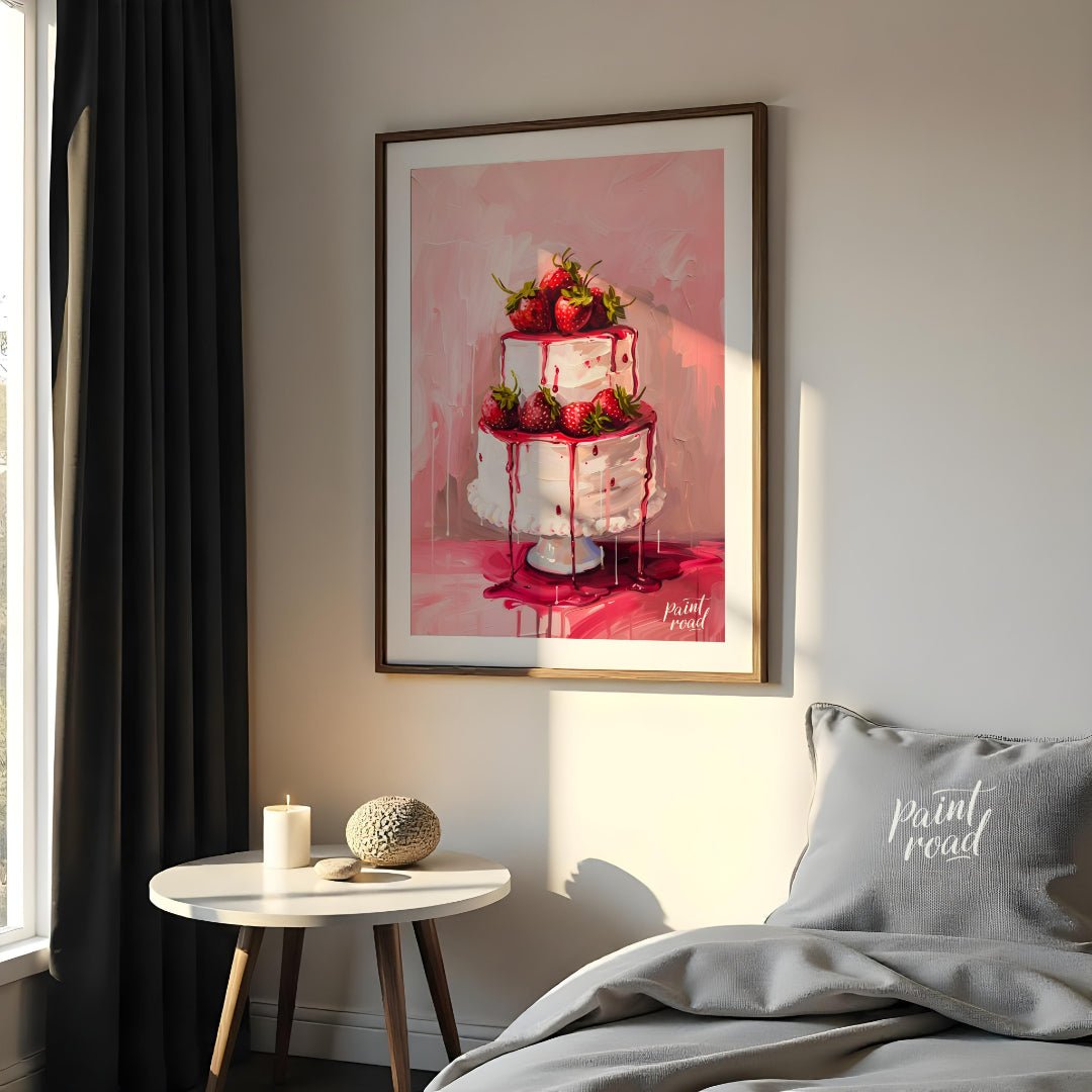 This vibrant digital painting features a two-tiered strawberry cake, its white frosting adorned wit… for bedroom