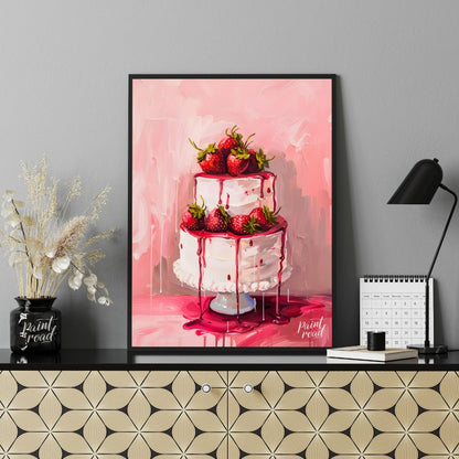 This vibrant digital painting features a two-tiered strawberry cake, its white frosting adorned wit… for dining room
