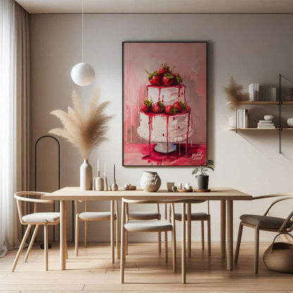 This vibrant digital painting features a two-tiered strawberry cake, its white frosting adorned wit… for dining room