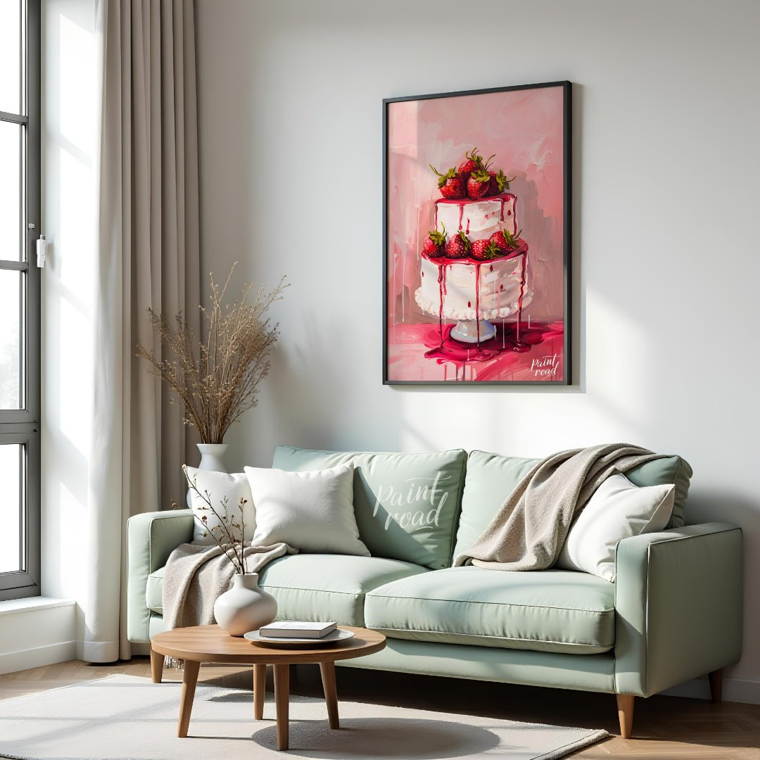 This vibrant digital painting features a two-tiered strawberry cake, its white frosting adorned wit… for living room