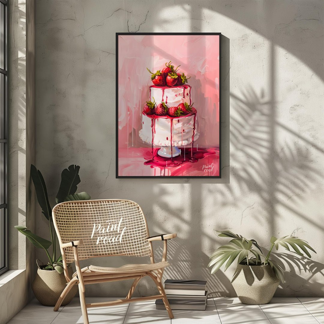 This vibrant digital painting features a two-tiered strawberry cake, its white frosting adorned wit… for living room