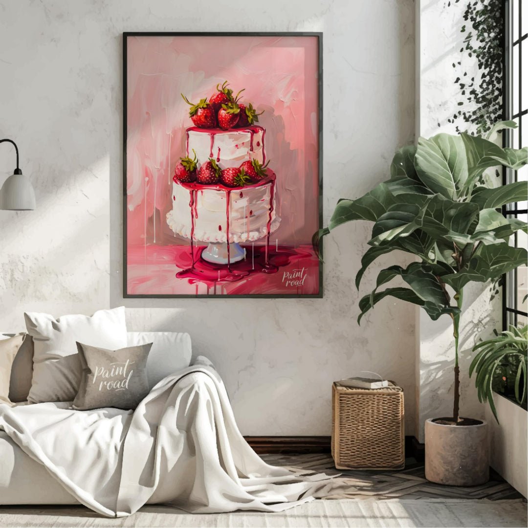 This vibrant digital painting features a two-tiered strawberry cake, its white frosting adorned wit… for living room