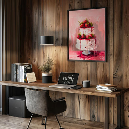 This vibrant digital painting features a two-tiered strawberry cake, its white frosting adorned wit… for office