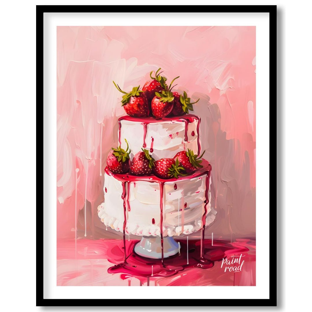 This vibrant digital painting features a two-tiered strawberry cake, its white frosting adorned wit… for place