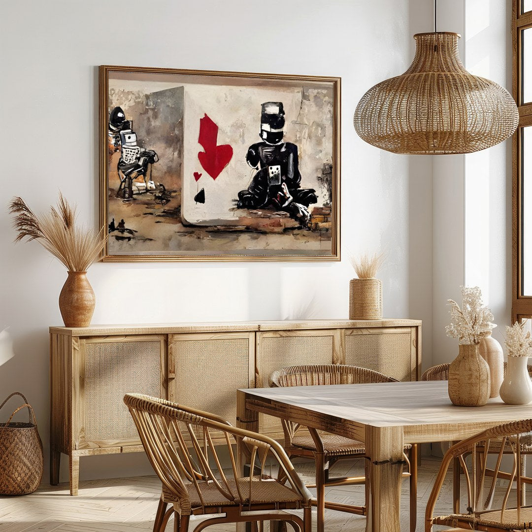 Immerse yourself in a world where urban grit meets abstract expression in this bold artwork. The for Dining
