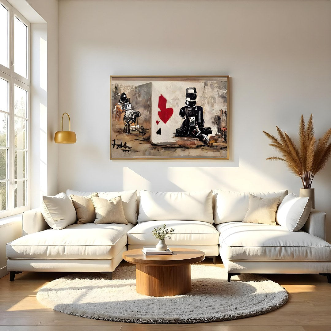 Immerse yourself in a world where urban grit meets abstract expression in this bold artwork. The for Living Room