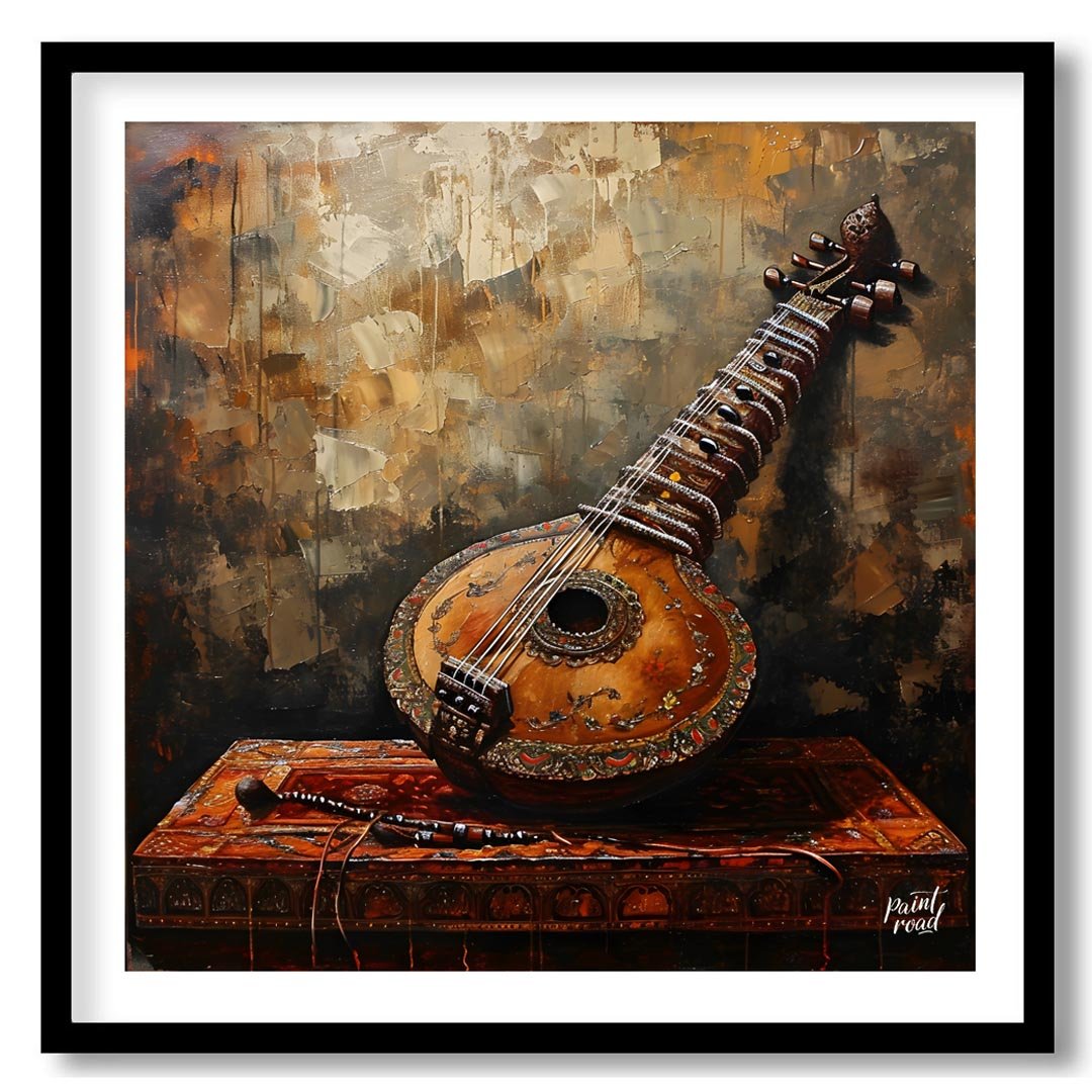 "Strings of Heritage" captures the timeless elegance of a vintage Indian sitar, resting atop a rich… for abode