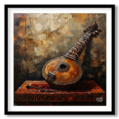 "Strings of Heritage" captures the timeless elegance of a vintage Indian sitar, resting atop a rich… for abode