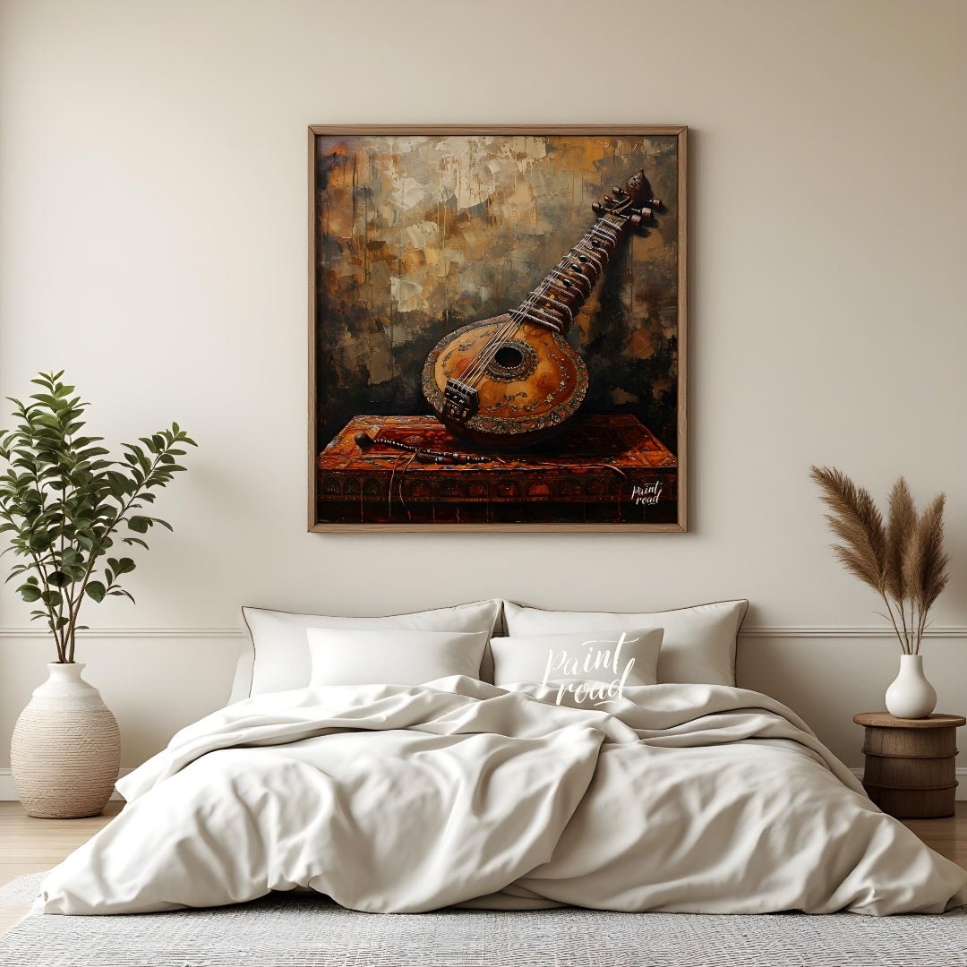 "Strings of Heritage" captures the timeless elegance of a vintage Indian sitar, resting atop a rich… for bedroom