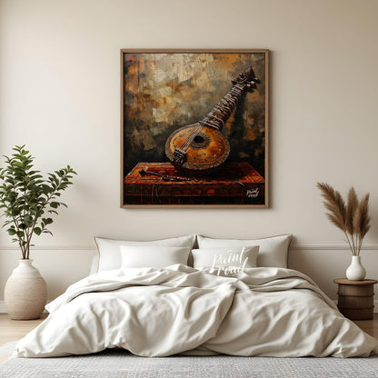 "Strings of Heritage" captures the timeless elegance of a vintage Indian sitar, resting atop a rich… for bedroom