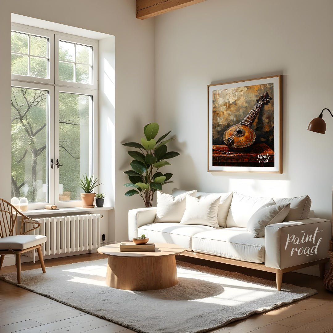 "Strings of Heritage" captures the timeless elegance of a vintage Indian sitar, resting atop a rich… for living room