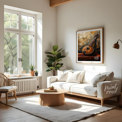 "Strings of Heritage" captures the timeless elegance of a vintage Indian sitar, resting atop a rich… for living room