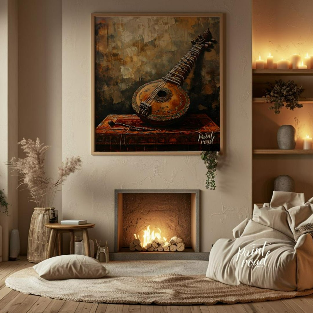 "Strings of Heritage" captures the timeless elegance of a vintage Indian sitar, resting atop a rich… for living room