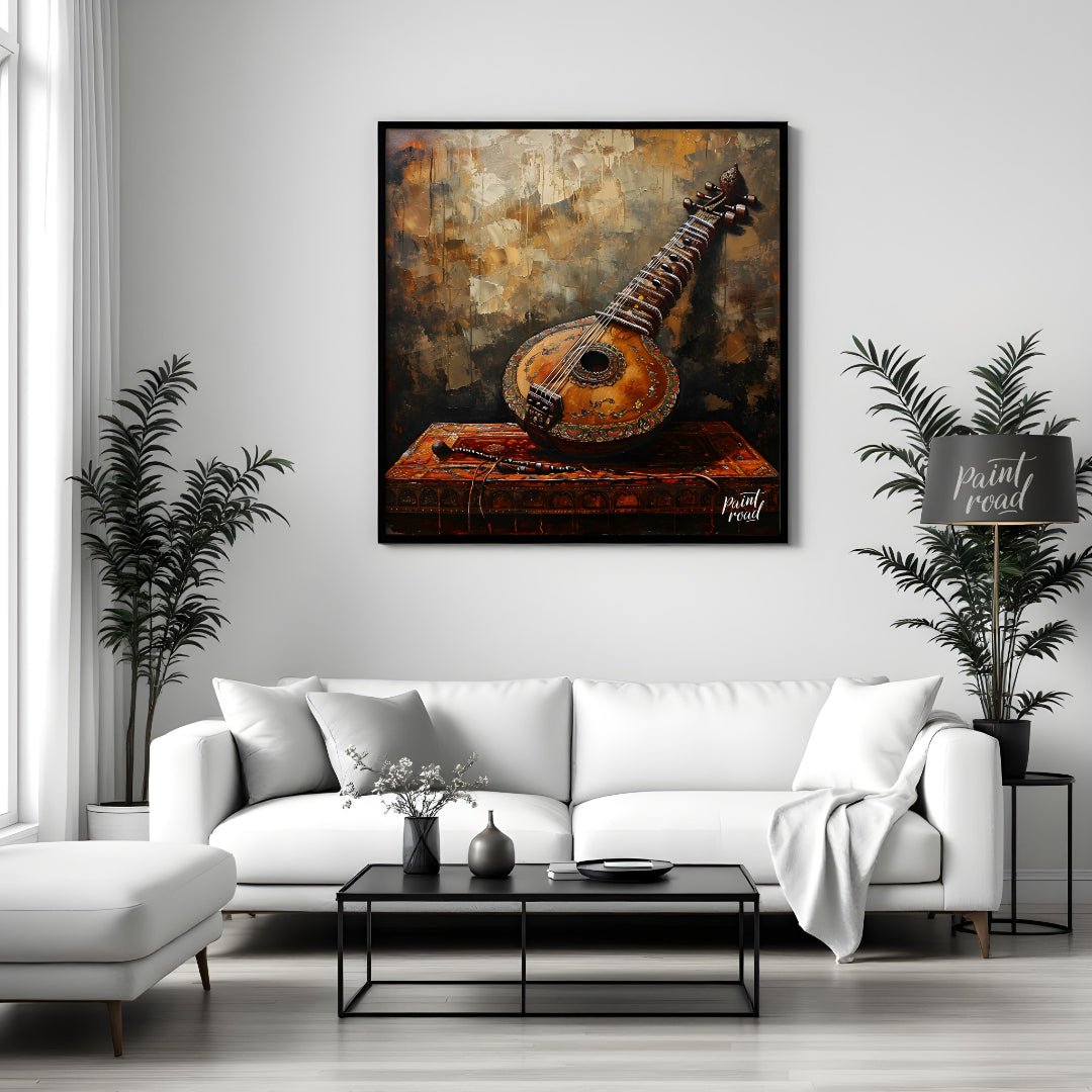 "Strings of Heritage" captures the timeless elegance of a vintage Indian sitar, resting atop a rich… for living room