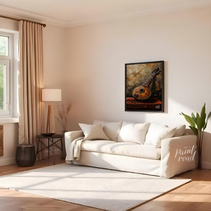 "Strings of Heritage" captures the timeless elegance of a vintage Indian sitar, resting atop a rich… for living room