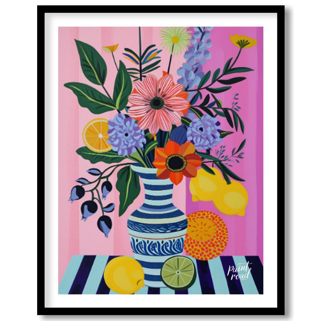 "Striped Flora Still Life" presents a vibrant still life painting with a focus on stylized flowers,… for abode