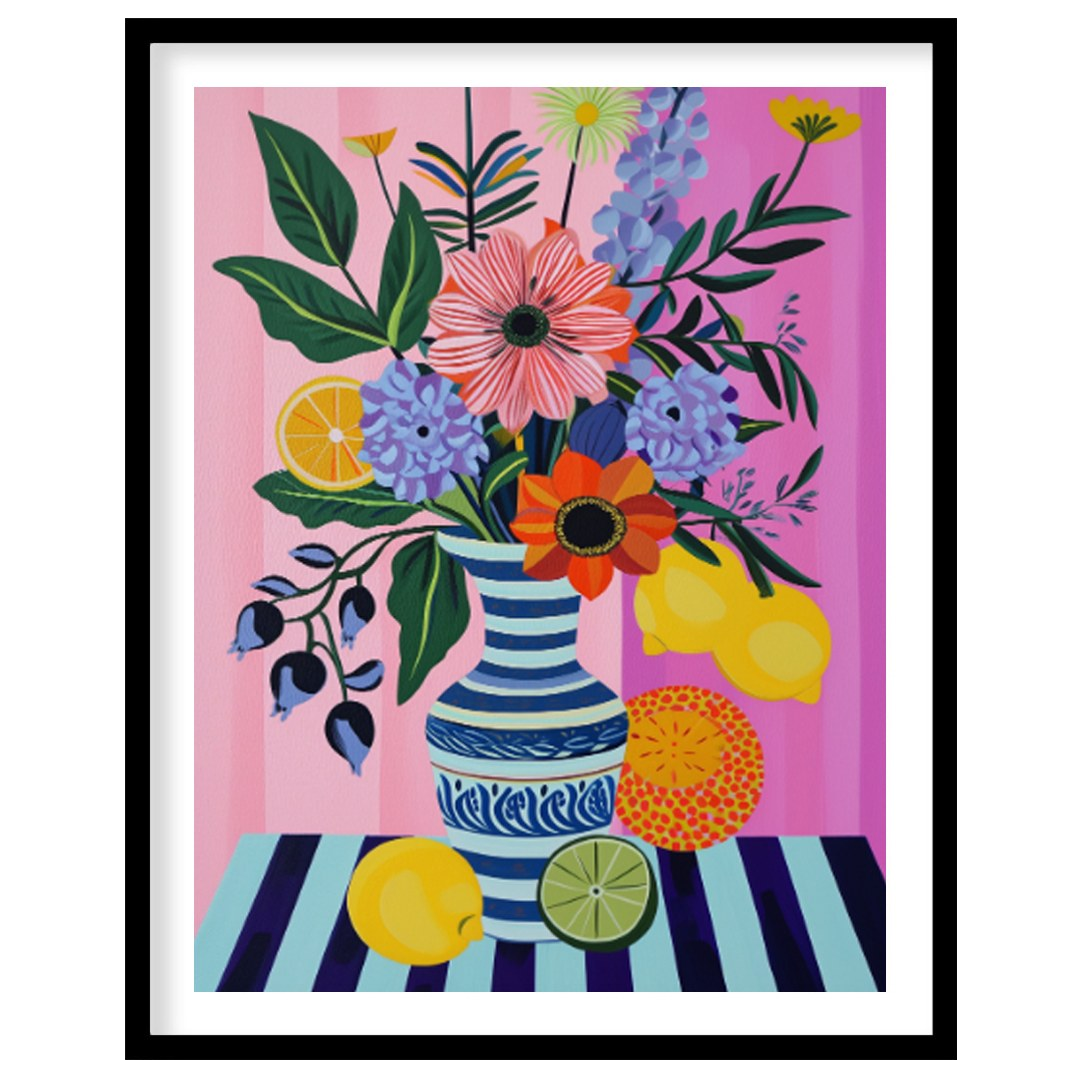 "Striped Flora Still Life" presents a vibrant still life painting with a focus on stylized flowers,… for abode