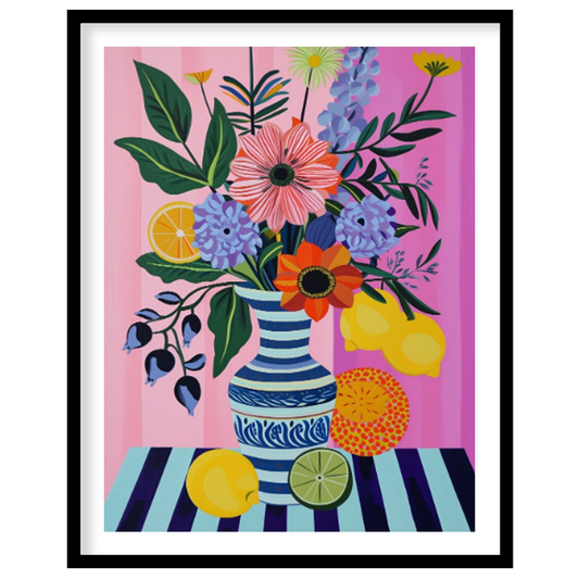 "Striped Flora Still Life" presents a vibrant still life painting with a focus on stylized flowers,… for abode