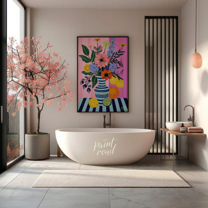 "Striped Flora Still Life" presents a vibrant still life painting with a focus on stylized flowers,… for bathroom
