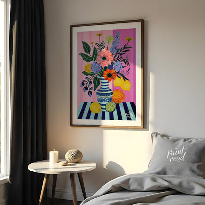 "Striped Flora Still Life" presents a vibrant still life painting with a focus on stylized flowers,… for bedroom