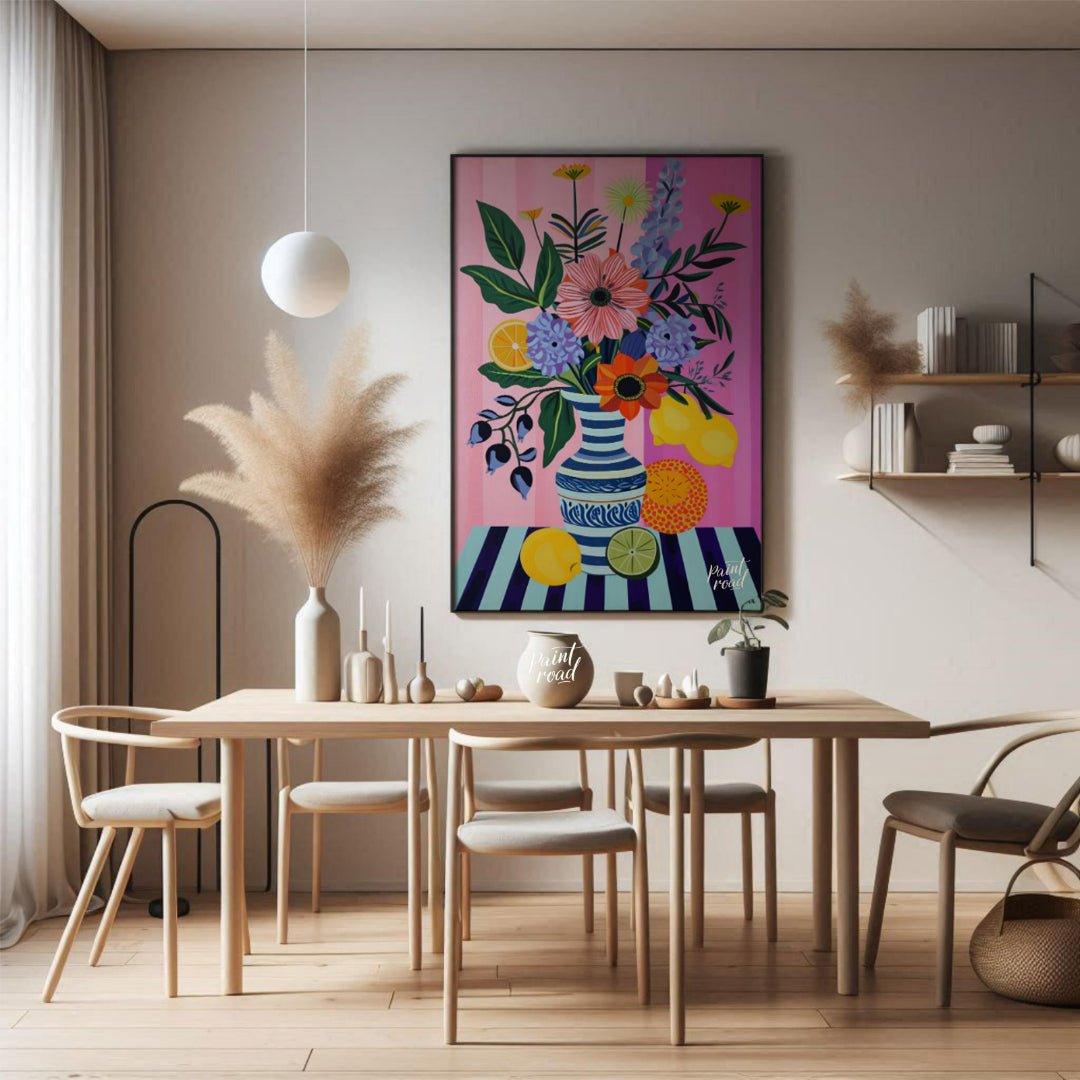 "Striped Flora Still Life" presents a vibrant still life painting with a focus on stylized flowers,… for dining room