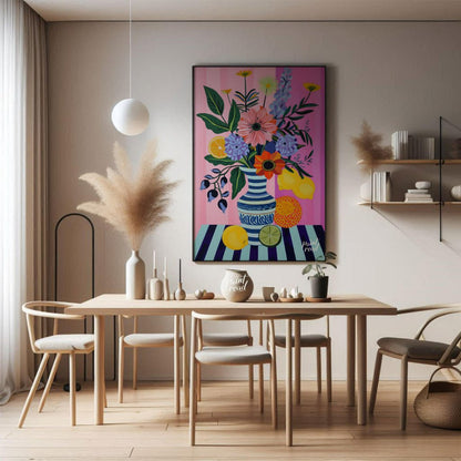 "Striped Flora Still Life" presents a vibrant still life painting with a focus on stylized flowers,… for dining room