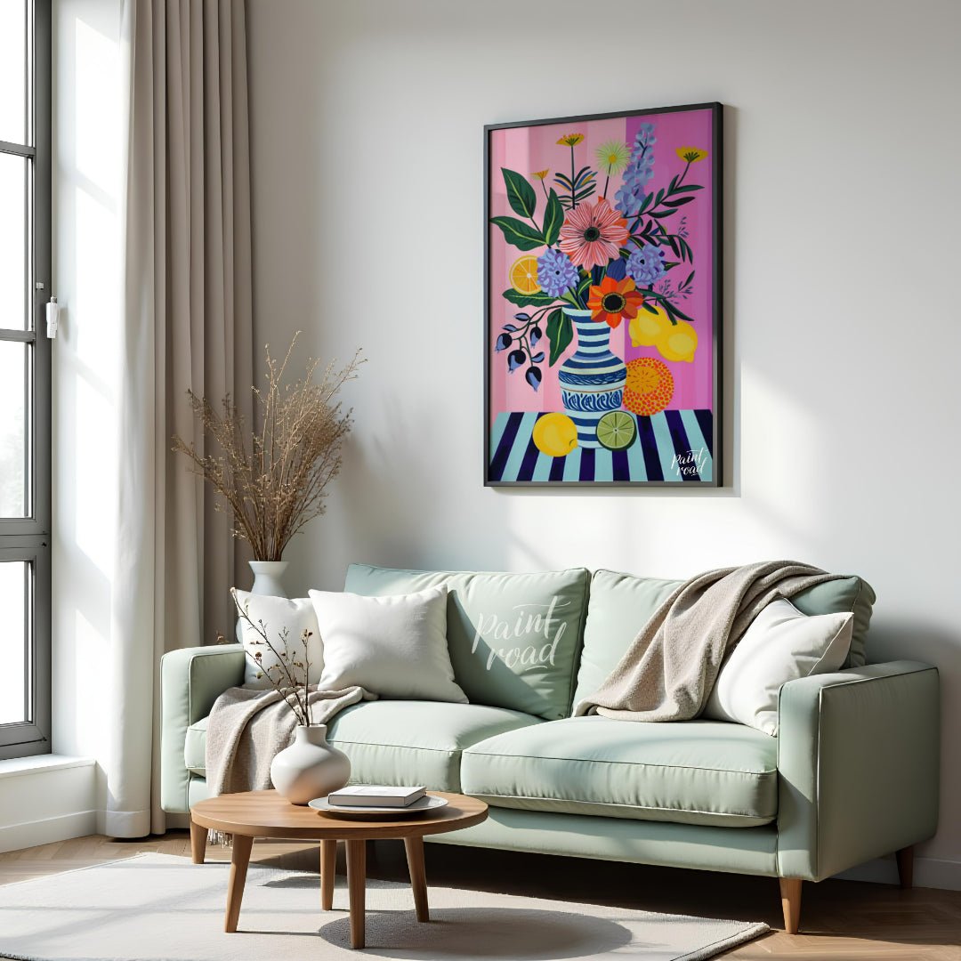 "Striped Flora Still Life" presents a vibrant still life painting with a focus on stylized flowers,… for living room