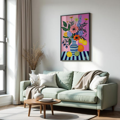 "Striped Flora Still Life" presents a vibrant still life painting with a focus on stylized flowers,… for living room