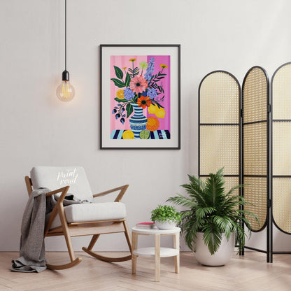 "Striped Flora Still Life" presents a vibrant still life painting with a focus on stylized flowers,… for living room