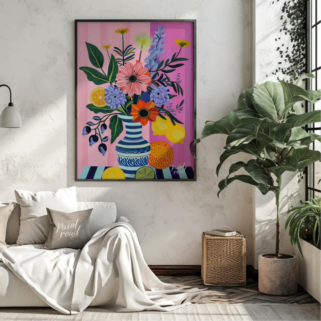 "Striped Flora Still Life" presents a vibrant still life painting with a focus on stylized flowers,… for living room