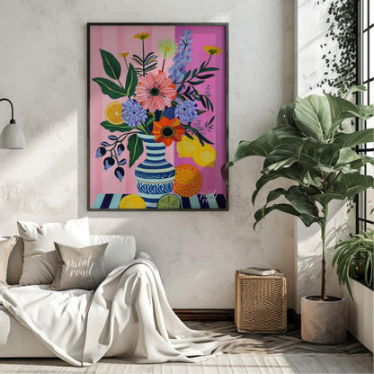 "Striped Flora Still Life" presents a vibrant still life painting with a focus on stylized flowers,… for living room