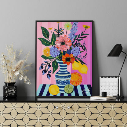 "Striped Flora Still Life" presents a vibrant still life painting with a focus on stylized flowers,… for office