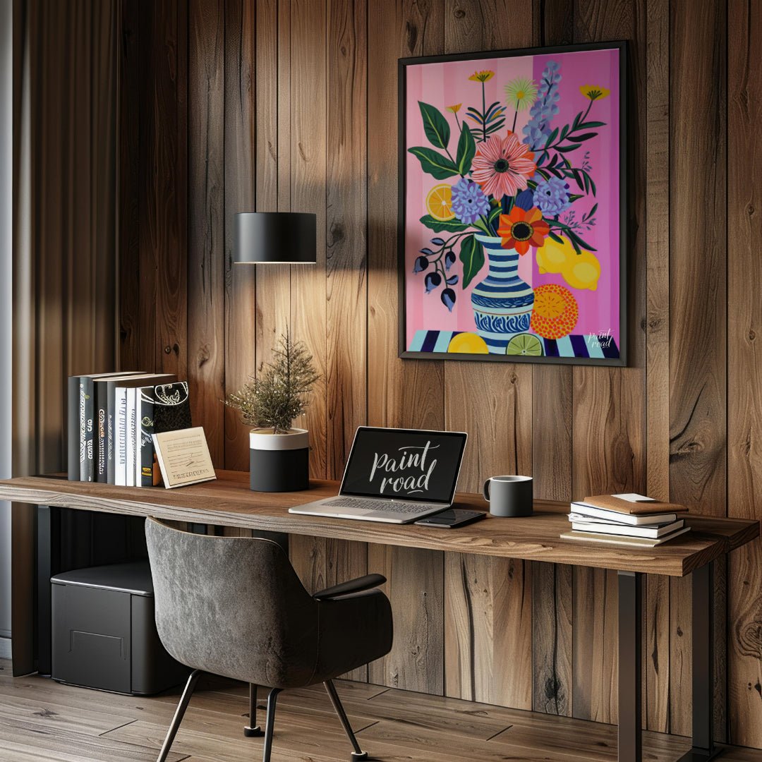 "Striped Flora Still Life" presents a vibrant still life painting with a focus on stylized flowers,… for office