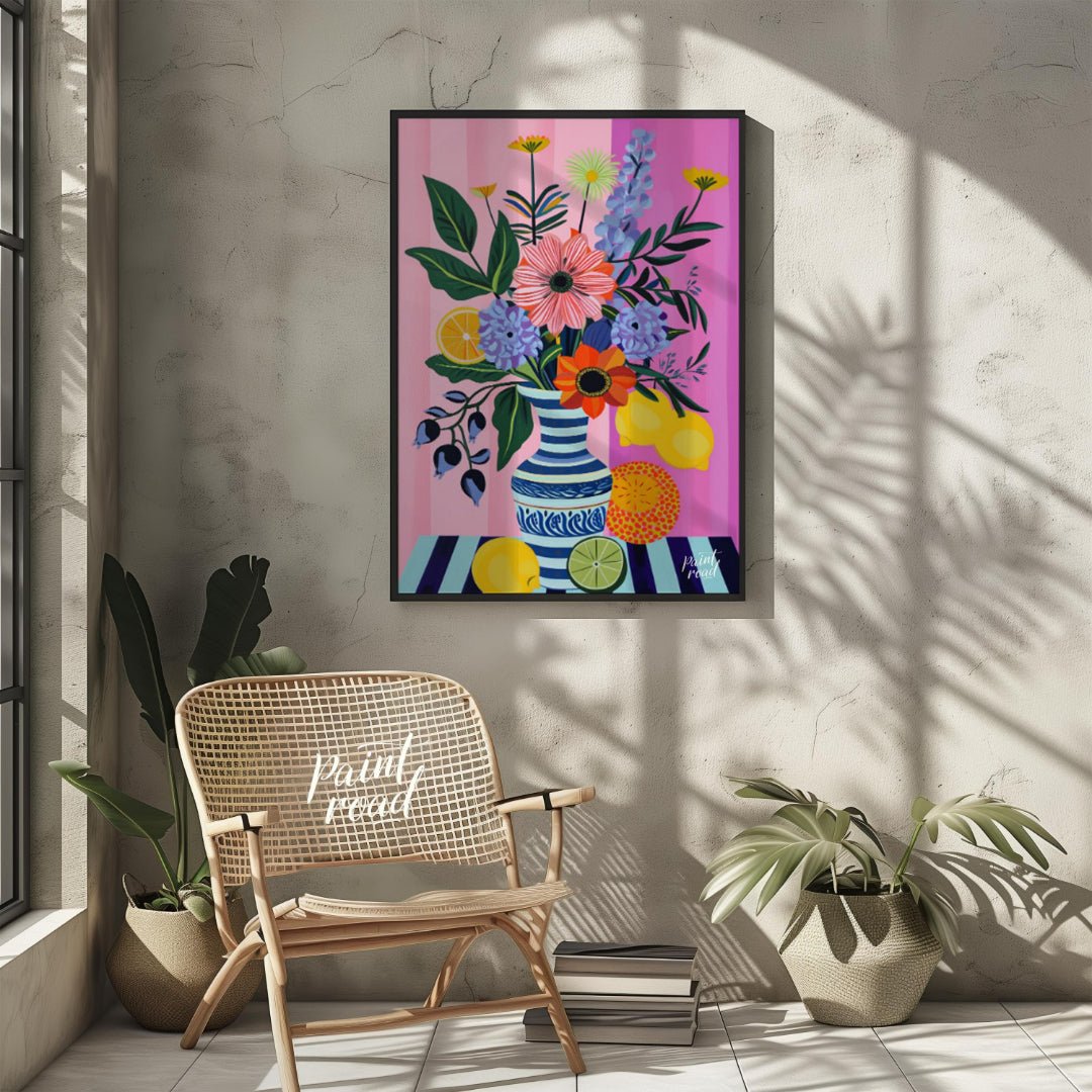 "Striped Flora Still Life" presents a vibrant still life painting with a focus on stylized flowers,… for other