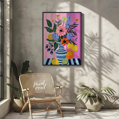 "Striped Flora Still Life" presents a vibrant still life painting with a focus on stylized flowers,… for other